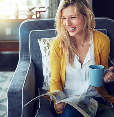 Buy stock photo Happy woman, magazine and coffee break in thinking, relax or reading as interior designer for architecture firm. Female person, rest and apartment for calm, stress management or peace as consultant