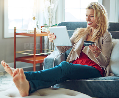 Buy stock photo Woman, banking card and tablet or happy on couch, fintech and online transaction for shopping in house. Customer, internet payment and sale or credit app, e commerce and relax or apartment purchase