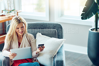 Buy stock photo Woman, credit card and tablet or smile in lounge, fintech and online transaction for shopping in house. Customer, internet payment and sale or banking app, ecommerce and relax for purchase on chair