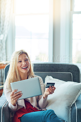 Buy stock photo Woman, credit card and tablet or smile in living room fintech and online transaction for shopping in house. Customer, internet payment and sale or banking app, ecommerce and relax for purchase