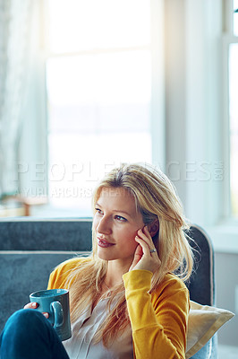 Buy stock photo Home, thinking and woman with coffee, relax and remember in weekend, peace and sofa in living room. House, couch and person with tea, daydreaming and smile for rest in lounge, drink and happiness