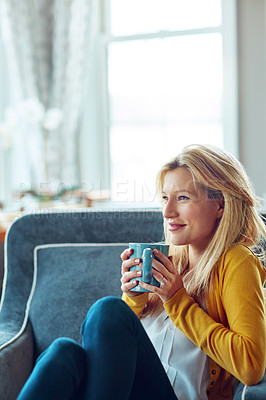 Buy stock photo Home, thinking and woman with coffee, smile and remember in weekend, peace and sofa in living room. House, couch and person with tea, daydreaming and happy for drink in lounge, relax and morning