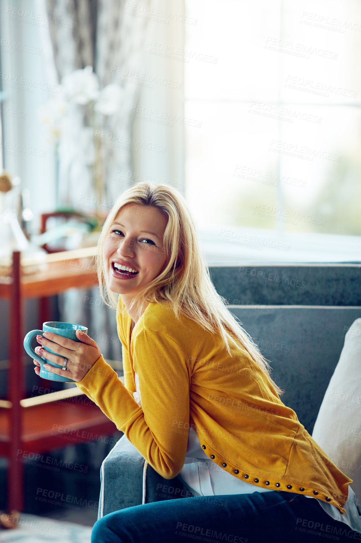 Buy stock photo Happy, coffee and portrait of woman in home for relaxing, chill and calm with drink, beverage and espresso. Smile, morning and person with cup, tea and mug in living room for wellness, rest and break