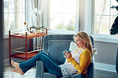 Buy stock photo Happy, drink and woman on sofa in home for relaxing, chill and calm with coffee, beverage and cappuccino. Smile, morning and person with cup, tea and mug in living room for wellness, rest and break