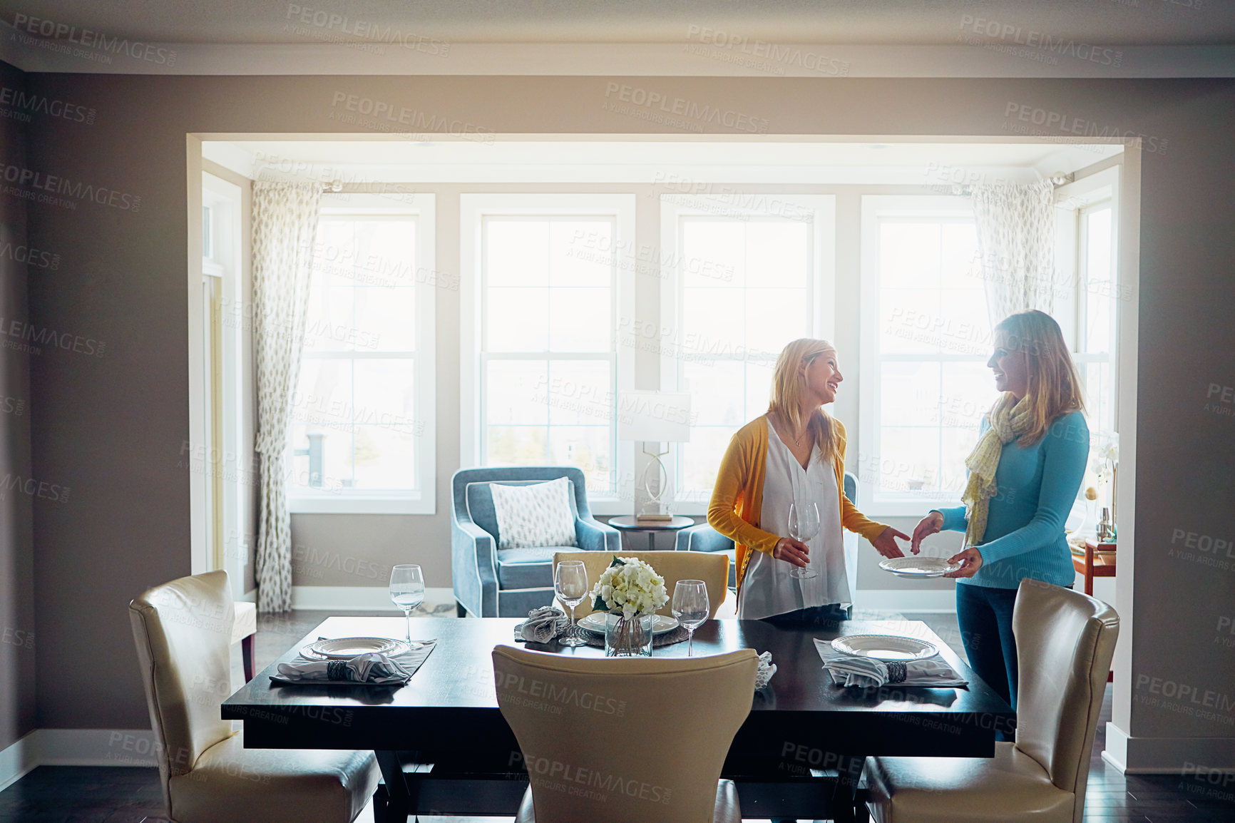 Buy stock photo Shot of two women setting up the dining room table