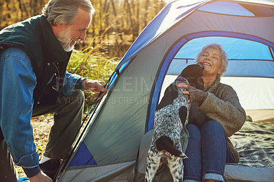 Buy stock photo Shot of a senior couple camping together in the wilderness with their dog