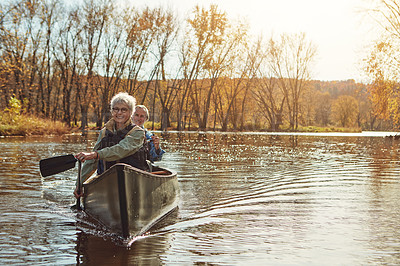 Buy stock photo Lake, sunshine and kayak with old couple, nature and retirement with happiness, relax and holiday. Outdoor, river and mature man with senior woman, support and trust with vacation and weekend break