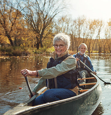 Buy stock photo River, rowing and kayak with old couple, nature and retirement with happiness, love and vacation. Outdoor, lake and mature man with senior woman, support and smile with holiday, joy and weekend break