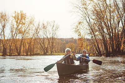 Buy stock photo Lake, senior couple and kayaking in nature with canoe for explore, adventure or retirement activity. Outdoor, river and elderly woman with man on boat for rowing, holiday or weekend break in Sydney