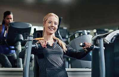 Buy stock photo Gym, woman and smile on chest press machine for workout to exercise for health, fitness and muscles. Female person, happy and satisfied with training for wellbeing, wellness and self care in routine