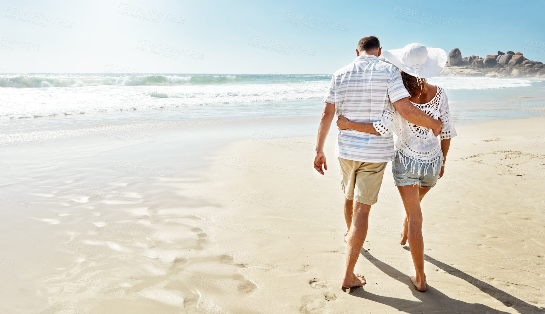 Buy stock photo Love, back and walking with couple at beach for bonding, support and summer vacation. Anniversary holiday trip, travel adventure and marriage with man and woman outdoor for connection and space