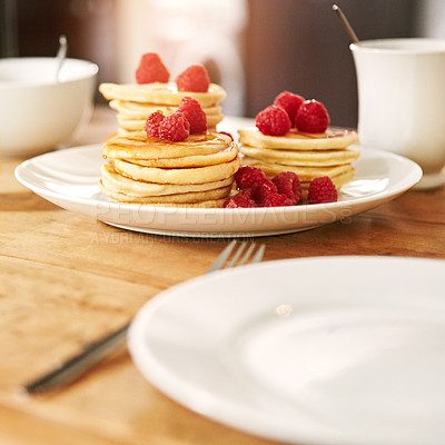 Buy stock photo Closeup shot of pancakes on a breakfast table