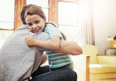 Buy stock photo Portrait of a little girl hugging her father at home
