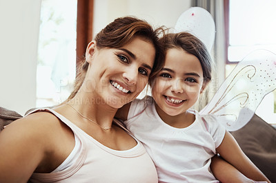 Buy stock photo Mom, girl and portrait on selfie on couch for memories, fun and care with support for child development. Parent, kid and happy in living room on sofa for social media, bonding and home with butterfly