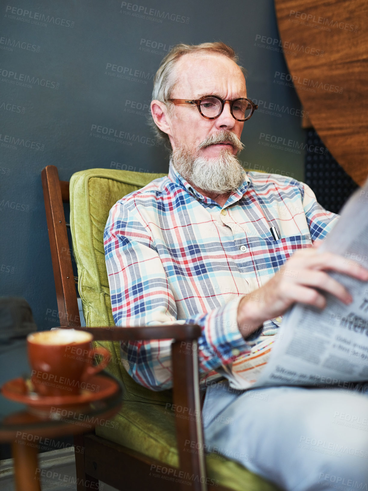 Buy stock photo Newspaper, coffee shop and senior man reading business information for financial stock market. Cappuccino, glasses and elderly male person enjoying economy headlines in journalism article in cafe.