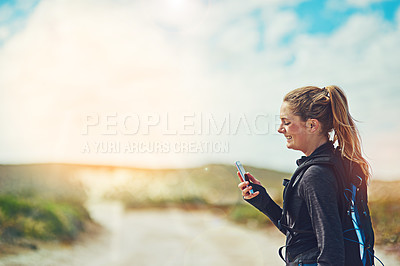 Buy stock photo Sports app, fitness program or software on phone with runner outside during exercise, run and jogging