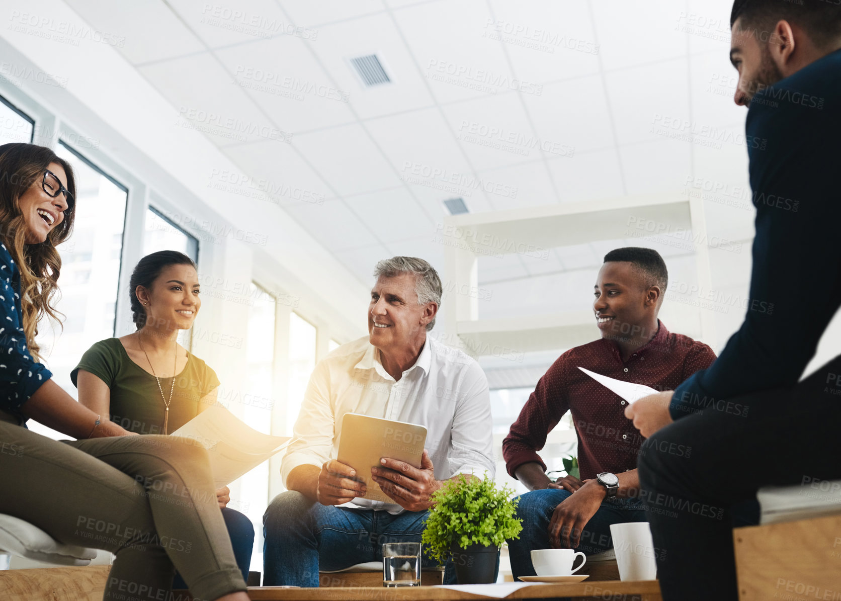 Buy stock photo Coaching, meeting and tablet with group of business people in office together for training workshop. Collaboration, planning and seminar with employee team in workplace for upskill development