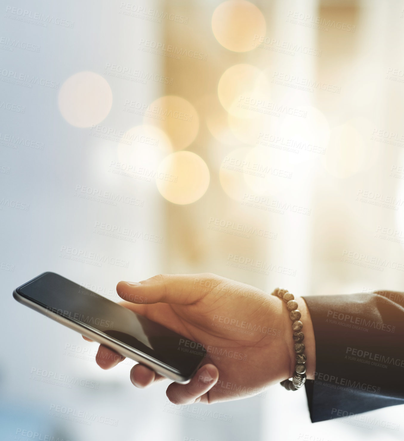 Buy stock photo Hands, man and phone typing in office for communication, networking and information of profit report. Male person, bokeh and mobile scroll,  email research and invest for digital finance notification