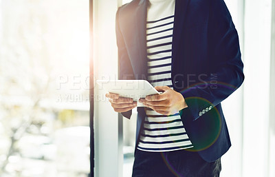 Buy stock photo Modern office, tablet and hands of businessperson for research, info and project inspiration with tech. Creative agency, web designer and digital for planning, design ideas and application by mockup