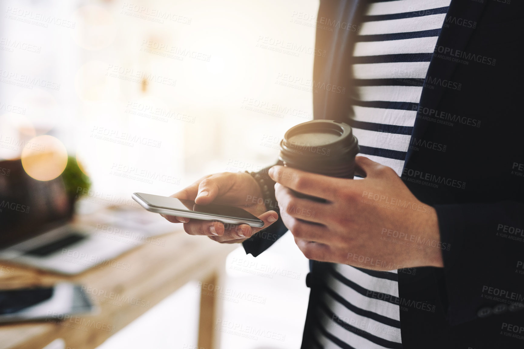 Buy stock photo Hands, coffee and man with phone in office for online email communication for mobile  business review. Technology, networking and hr reading company policy research on smartphone with cappuccino.