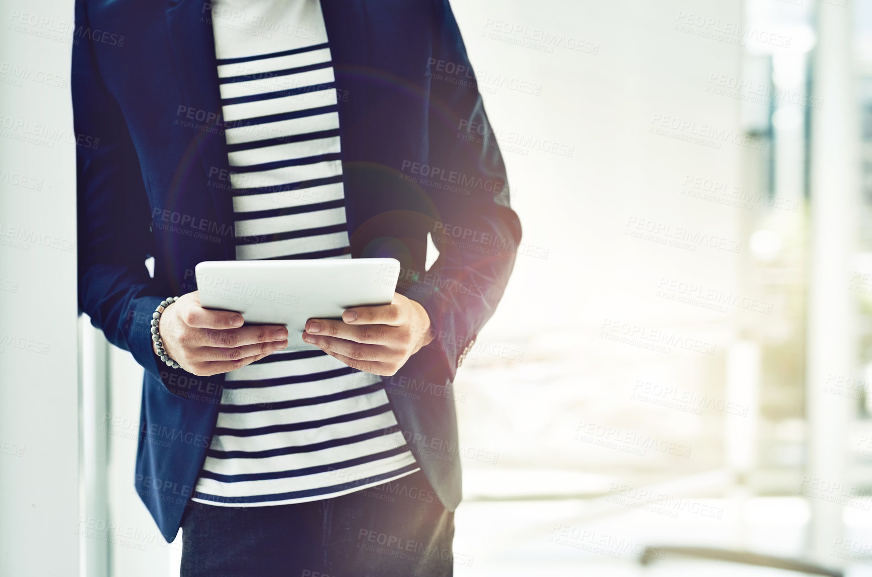 Buy stock photo Office, tablet and hands of businessperson for research, information or project inspiration with tech. Creative agency, web designer or digital for planning, design ideas or application by mockup