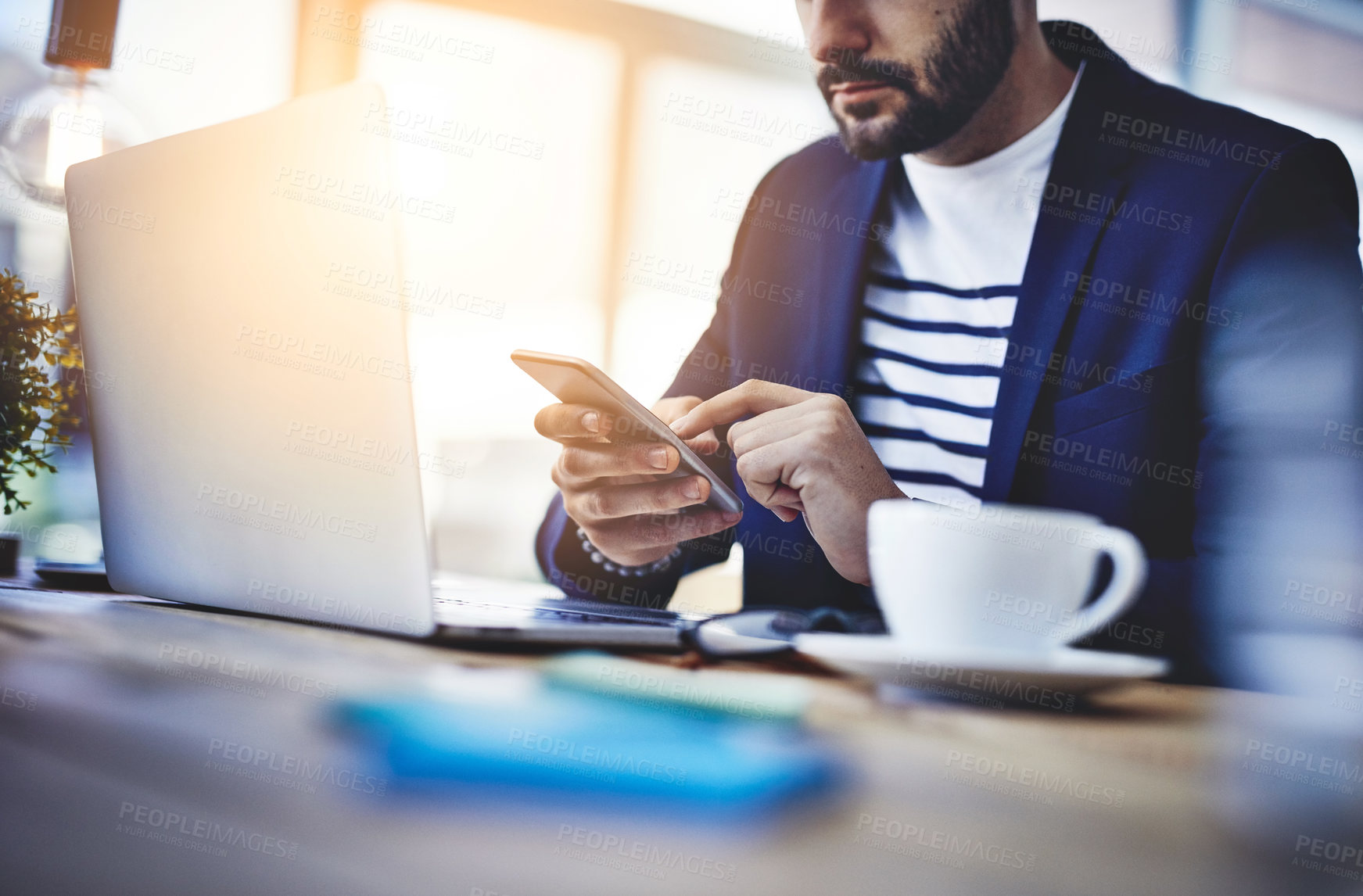 Buy stock photo Laptop, coffee and businessman with phone in cafe for online email communication for corporate review. Freelancer, cappuccino and hr with computer and cellphone for company policy with remote work.