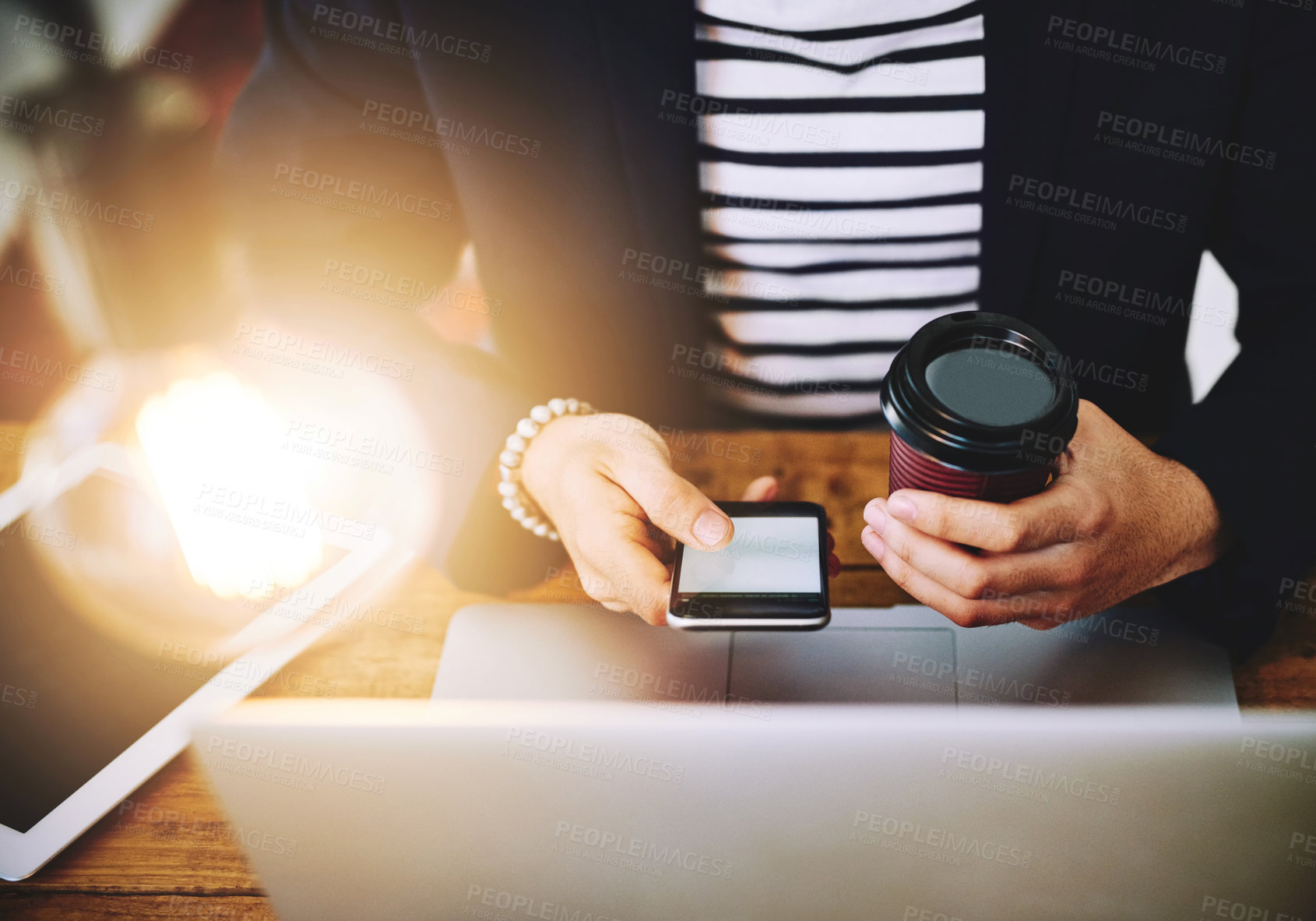 Buy stock photo Laptop, hands and person with phone and coffee in office for online email communication for business review. Technology, latte and hr manager with computer and cellphone for reading company policy.