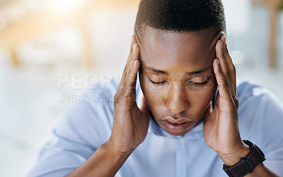 Buy stock photo Burnout, headache and black man in office, stress and thinking of debt, sick and overworked with head pain. Migraine, contemplating and illness for person, discomfort and workaholic with strain