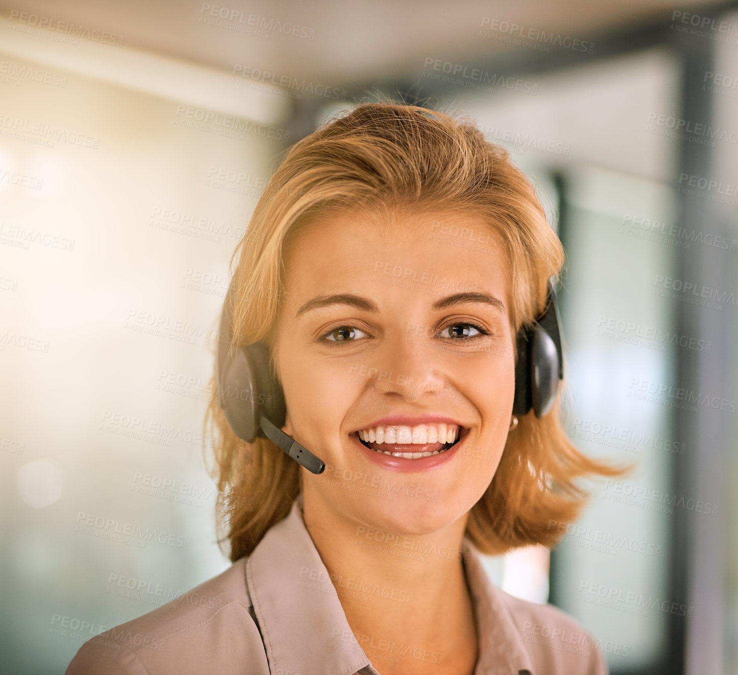 Buy stock photo Cropped portrait of an attractive young woman working in a call center