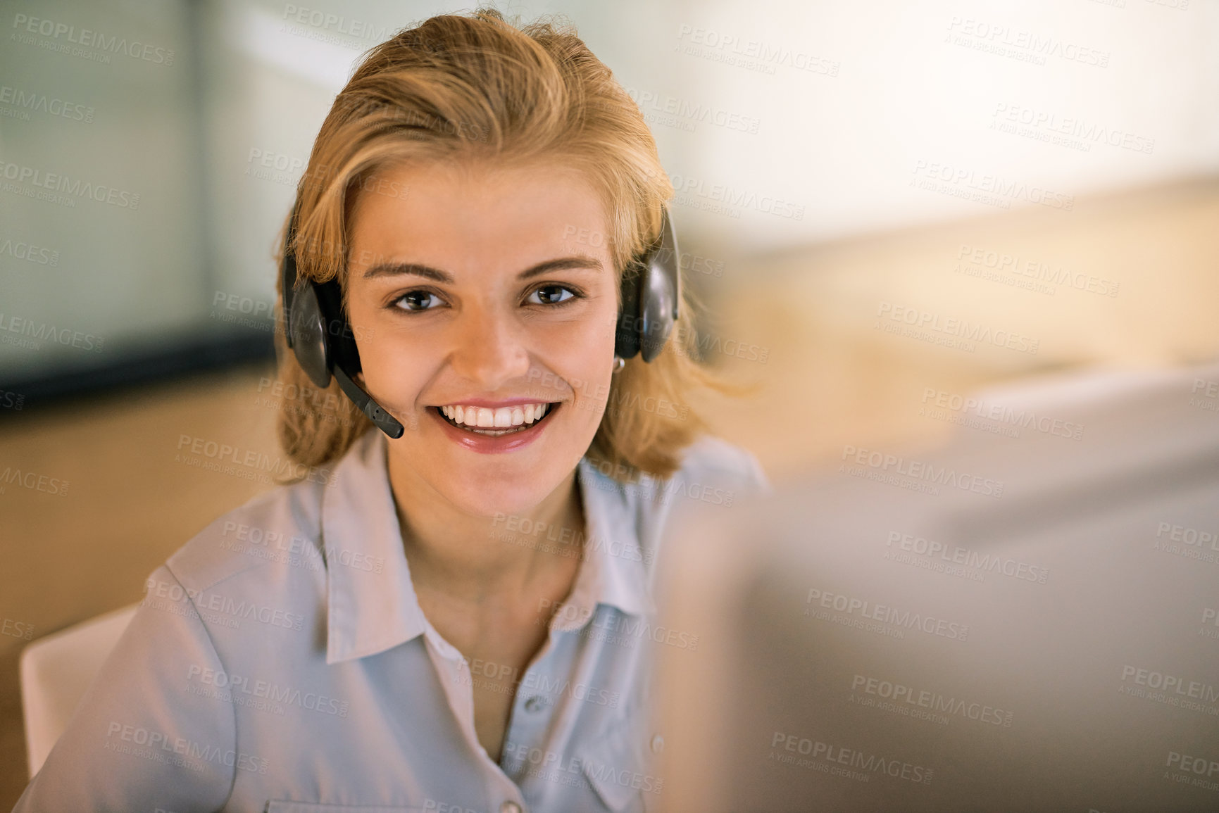 Buy stock photo Call center, computer and portrait of woman in customer service office for advice, help or lead generation. Face, headset and smile of happy employee in consulting workplace for contact or support