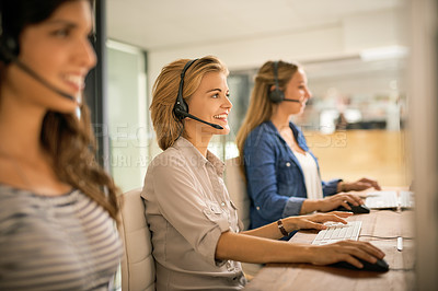 Buy stock photo Call center, team and contact us with business people in office for customer support, virtual consulting or sales. Help desk, policy information and claims inquiry with women at insurance company