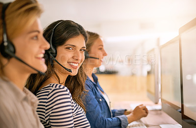 Buy stock photo Computer, customer support and portrait of consultant woman at desk in office for help or lead generation. Face, headset and smile of call center employee in workplace for contact us or service