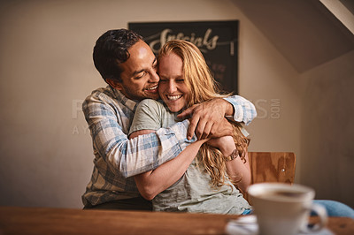 Buy stock photo Love, couple and quality time at a cafe, hug and happiness together, romance and celebrate achievement. Valentines day, man and woman with smile, romantic and in coffee shop for break, relax or happy
