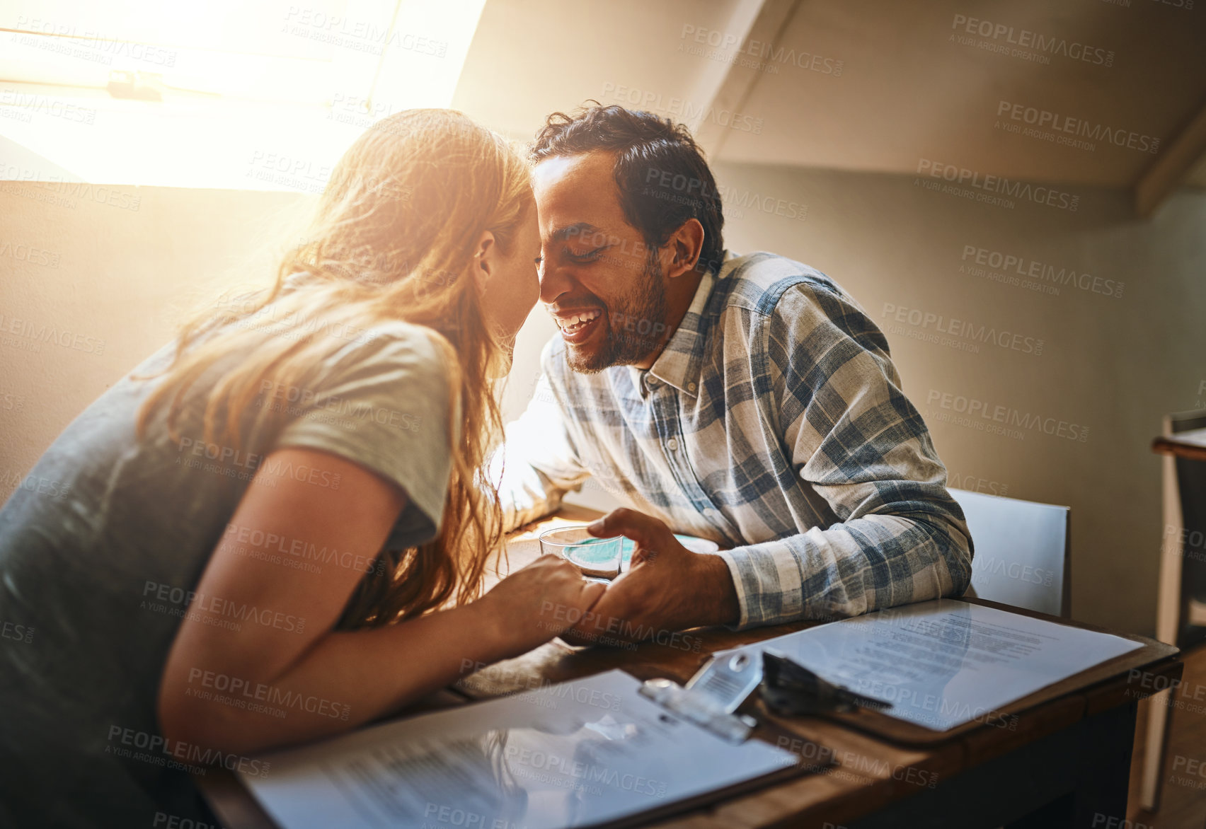 Buy stock photo Couple, love and holding hands on table at restaurant, laughing at funny joke and bonding. Valentines day, romance diversity and affection, passion or care of man and woman enjoying date time at cafe