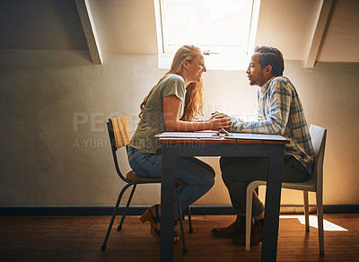 Buy stock photo Holding hands, love and couple on table at restaurant, laughing at funny joke and bonding. Valentines day, romance diversity and affection, passion or care of man and woman enjoying date time at cafe