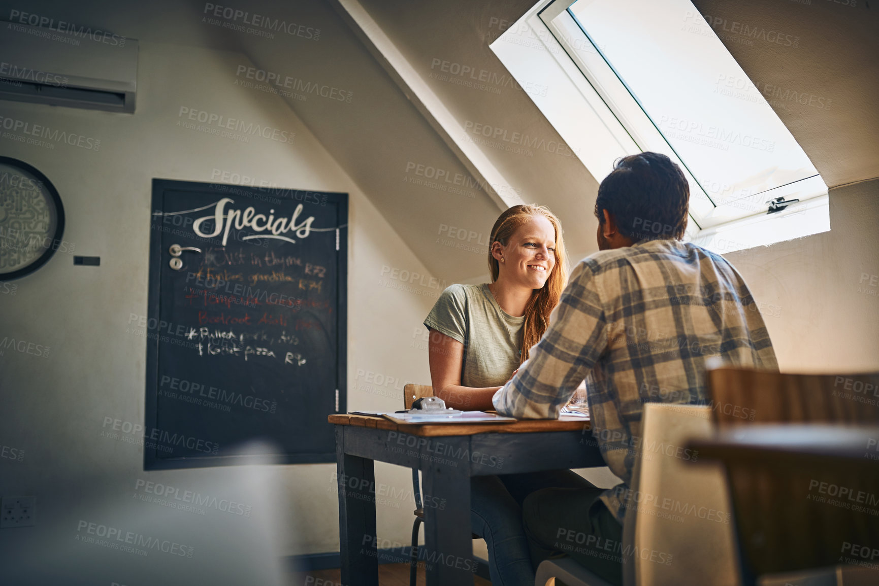 Buy stock photo Date, couple and people in a relationship in a restaurant for breakfast at a cafe together enjoying quality time. Valentines day, man and woman sitting at a table at a coffee shop with love