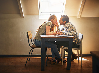 Buy stock photo Valentines love, couple and holding hands at restaurant on table, talking and laughing at joke. Real, romance diversity and affection of man and woman on date, having fun and enjoying quality time,