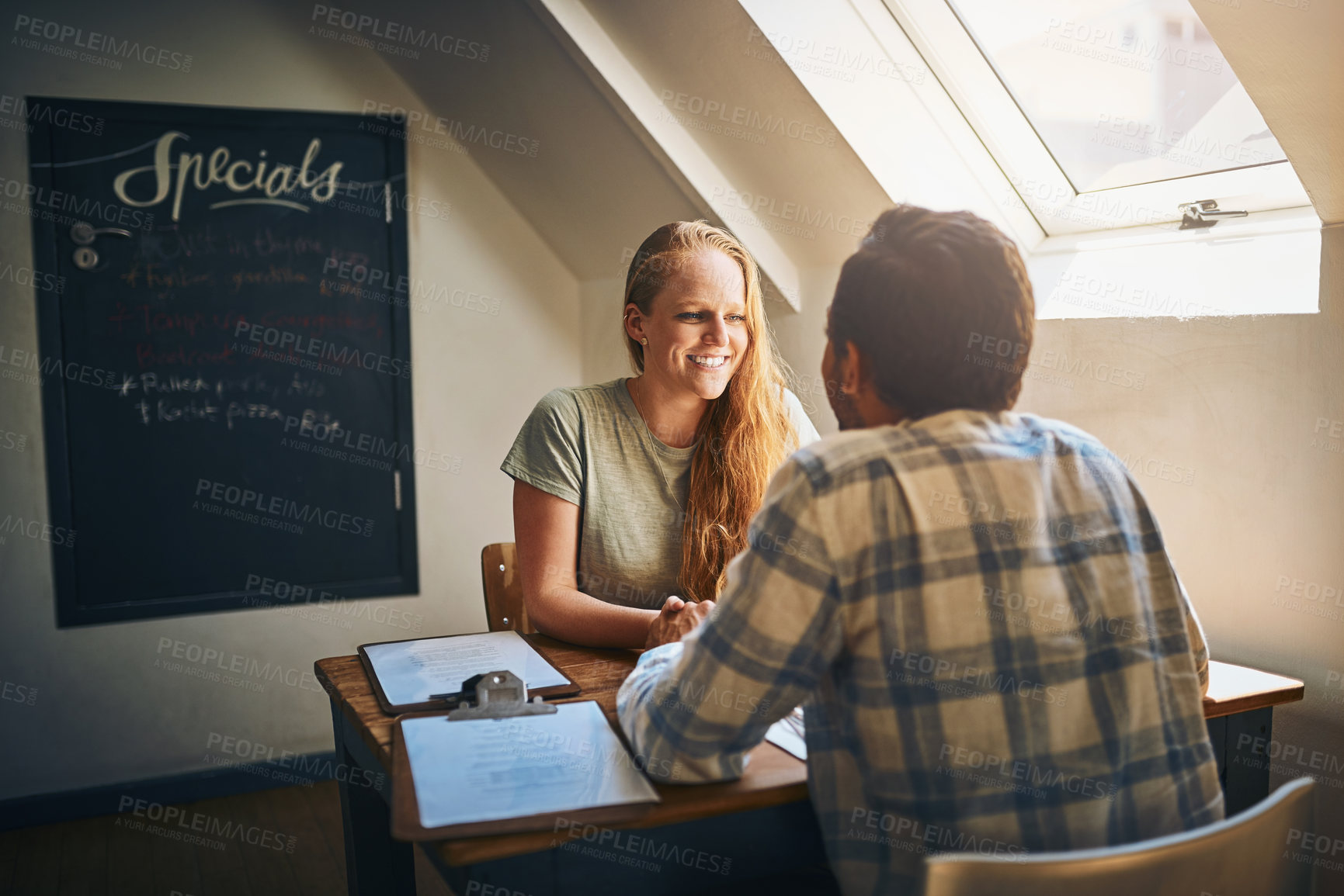 Buy stock photo Date, happy couple and people at lunch or breakfast at a cafe or restaurant together enjoying quality time. Valentines day, man and woman sitting at a table at a coffee shop with happiness and love