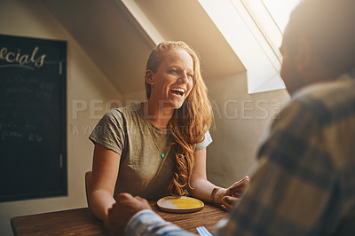 Buy stock photo Date, happy and woman laugh at joke at lunch in a cafe or restaurant enjoying quality time. Valentines day, funny and people sitting at a table in a coffee shop with love together in the morning