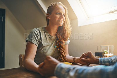 Buy stock photo Date, happy and woman at lunch or breakfast at a cafe or restaurant with her boyfriend enjoying quality time. Valentines day and people sitting at a table at a coffee shop holding hands and love