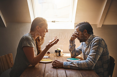 Buy stock photo Upset couple, argument and disagreement on date in discussion, fighting or breakup at restaurant. Woman talking to cheating man at dinner table in conflict, problem or affair in conversation at cafe