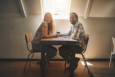 Buy stock photo Portrait, couple and people in restaurant on a date smile, happy and enjoying Valentines Day together in the morning. Breakfast, man and woman on lunch at cafe or coffee shop for interracial dating