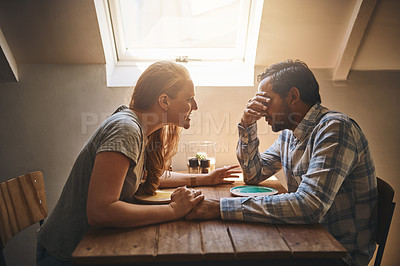 Buy stock photo Argue, fight and breakup with a couple in a restaurant, shouting about divorce, cheating or infidelity. Anger, frustrated or unhappy with a man and woman arguing about marriage in a cafe or diner