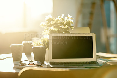 Buy stock photo Laptop, screen and coffee with mockup space on desk for communication, internet or connection at office. Empty room with caffeine drinks, computer or display for webpage, UI or online connectivity