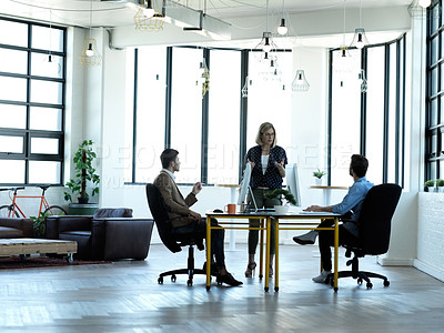 Buy stock photo Business woman leader, office team and accounting company collaboration. Finance employee group, work communication and working accountants planning with financial strategy data in a meeting at desk