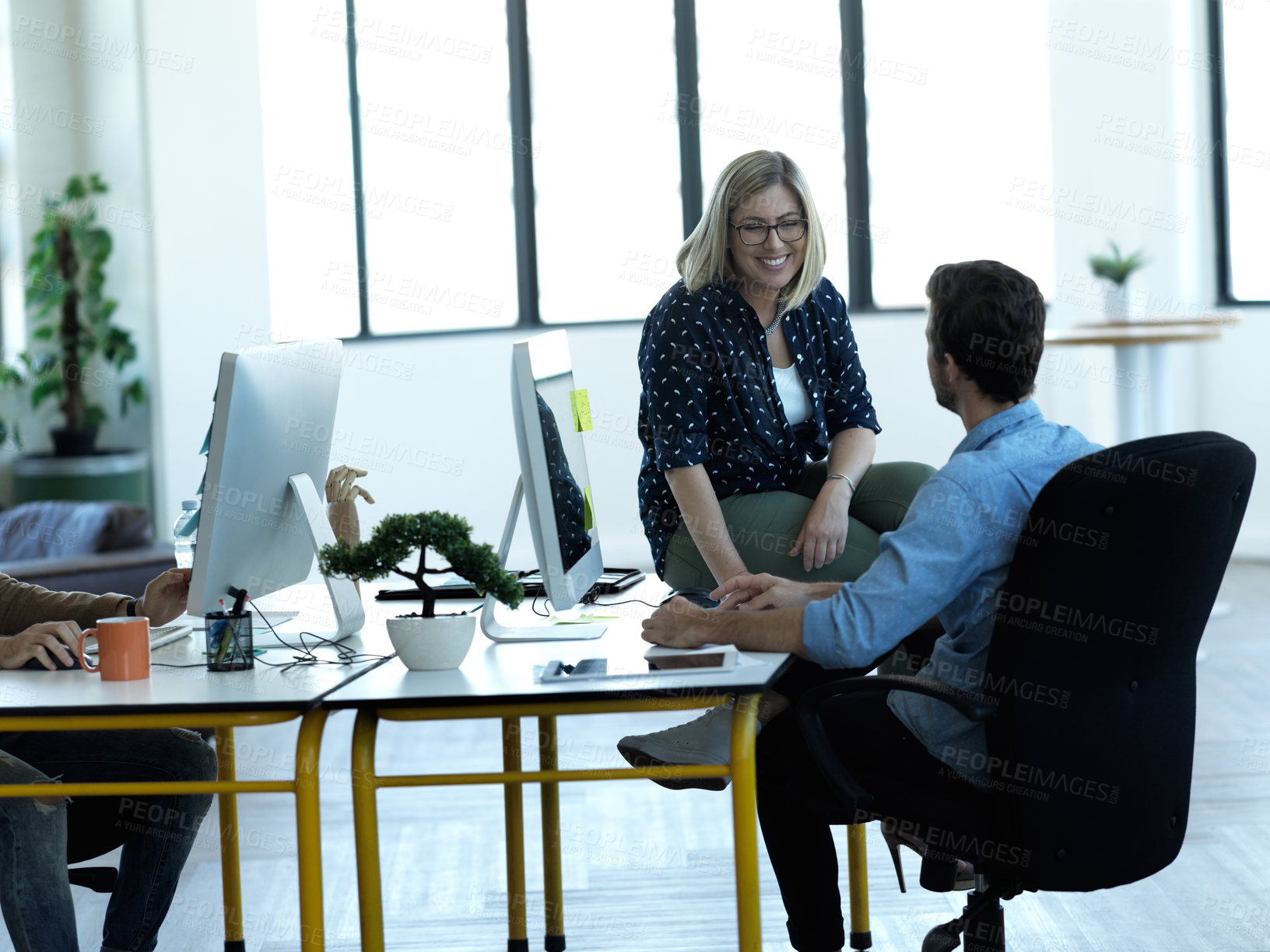 Buy stock photo Happy business people, friendly conversation and talking in office, agency and startup company. Woman, man and employees speaking with happiness, teamwork and planning discussion for collaboration 