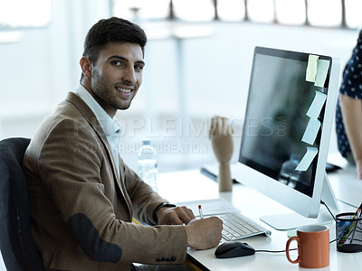 Buy stock photo Writing, smile and face of businessman at computer in office for web design, analytics and planning. Schedule, technology and internet with employee in digital agency for idea, advertising and agenda