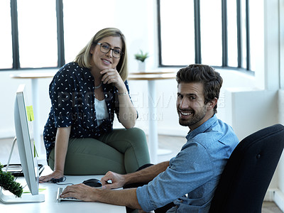 Buy stock photo Smile, computer and portrait of man and woman in the office for teamwork, collaboration and management. Strategy, designer and mentor with employee in digital agency for idea, learning and goals