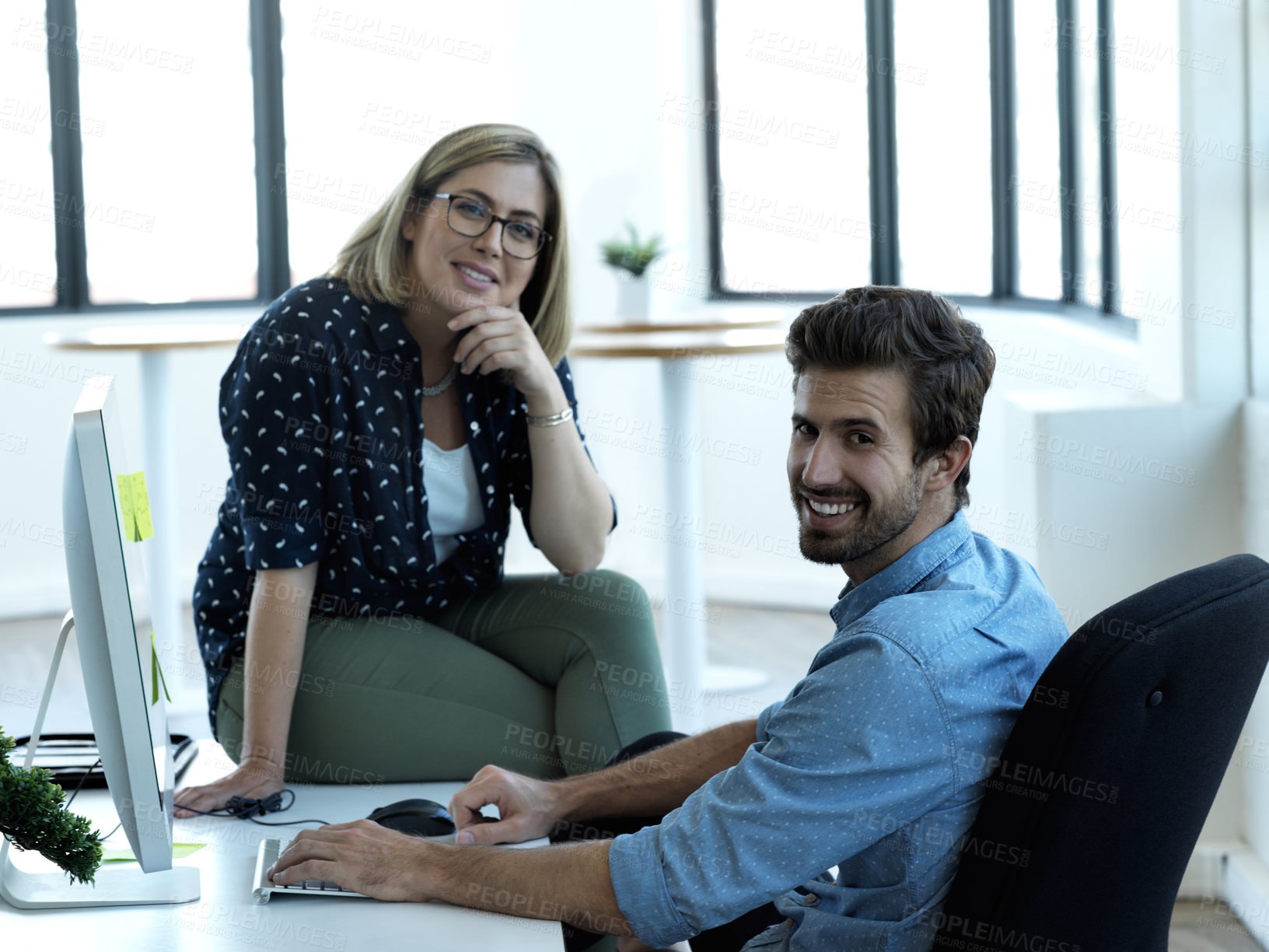 Buy stock photo Smile, computer and portrait of man and woman in the office for teamwork, collaboration and management. Strategy, designer and mentor with employee in digital agency for idea, learning and goals