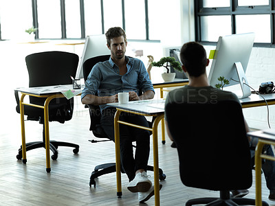 Buy stock photo Businessman, startup partnership and friends chat at desk with discussion, advice and conversation at workplace. Entrepreneur group, teamwork and talk in office for idea, planning and company goals